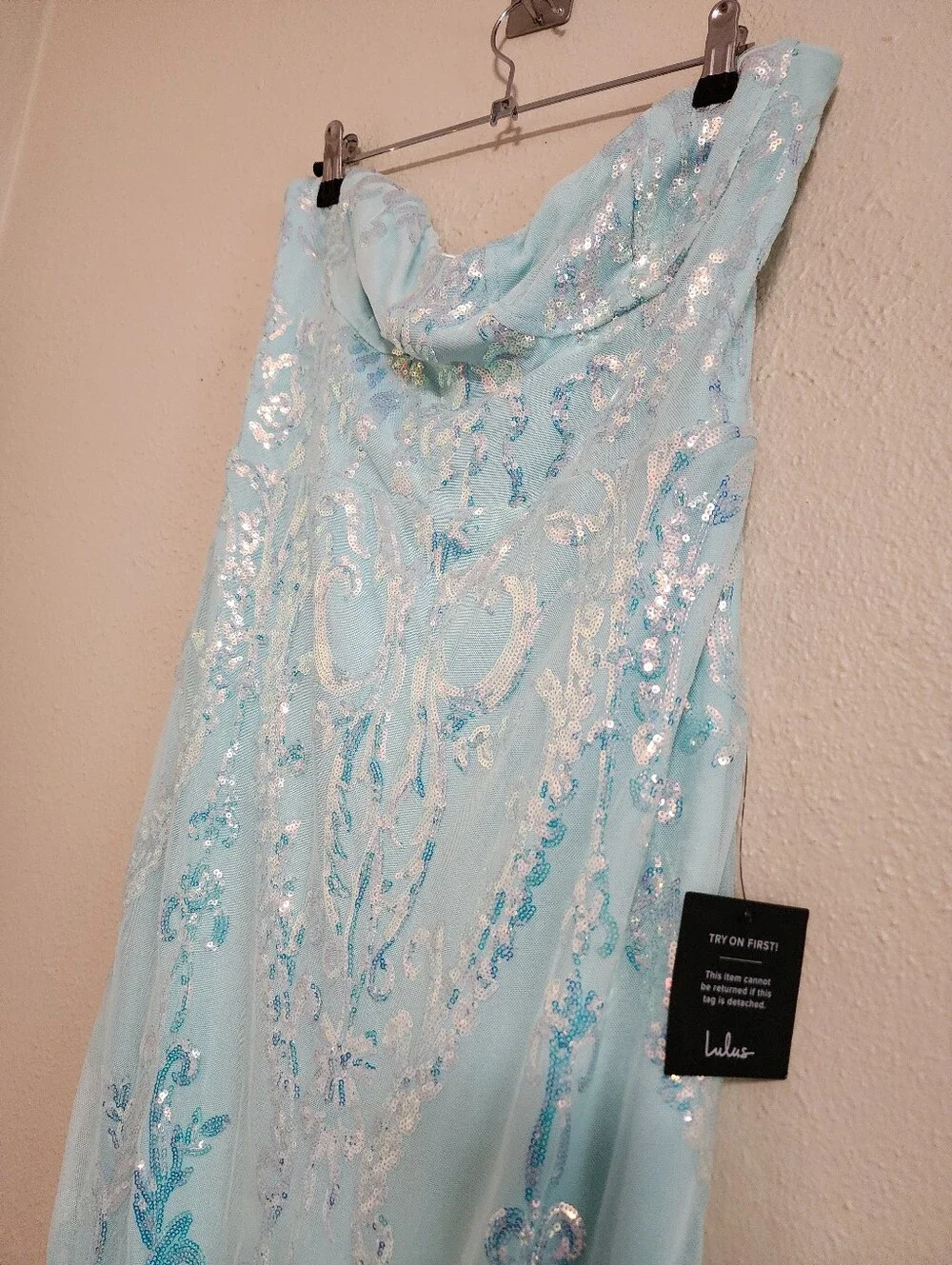 Lulus Made to Stun Light Blue Sequin Strapless Mermaid Maxi Dress XL Wedding - Picture 8 of 11